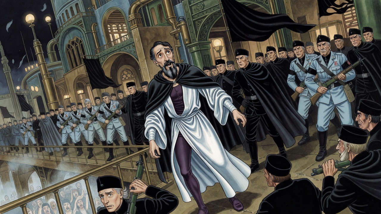 Shadowy guards jostle the bearded man in a whirl of darkness; a weapon strikes his hand.