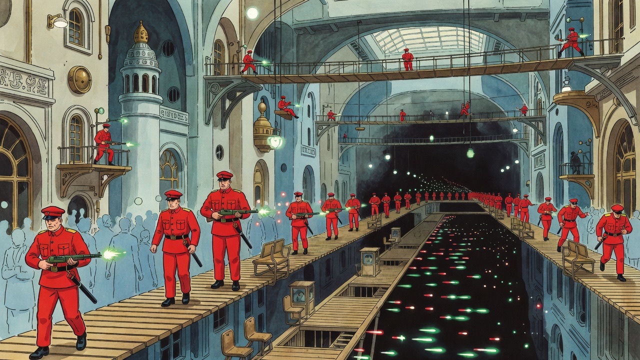 Tiny flashes of gunfire along the far ways reveal red-uniformed men for an instant.
