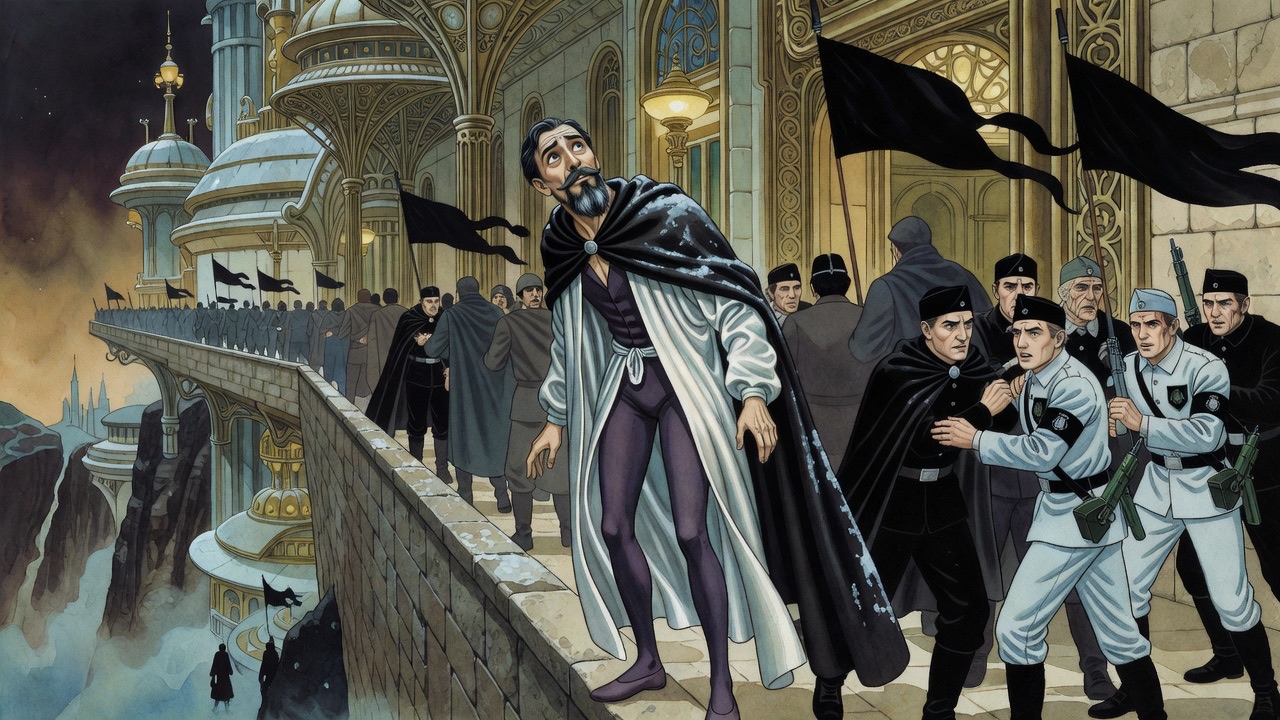 In darkness, the bearded man is thrust flat against the gallery wall as figures blunder past.