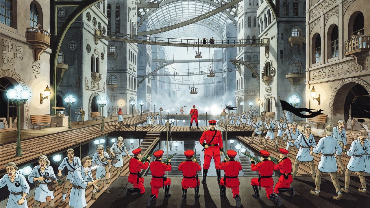 Red police in the lower galleries of the opposite building fire over the heads of the crowd below.