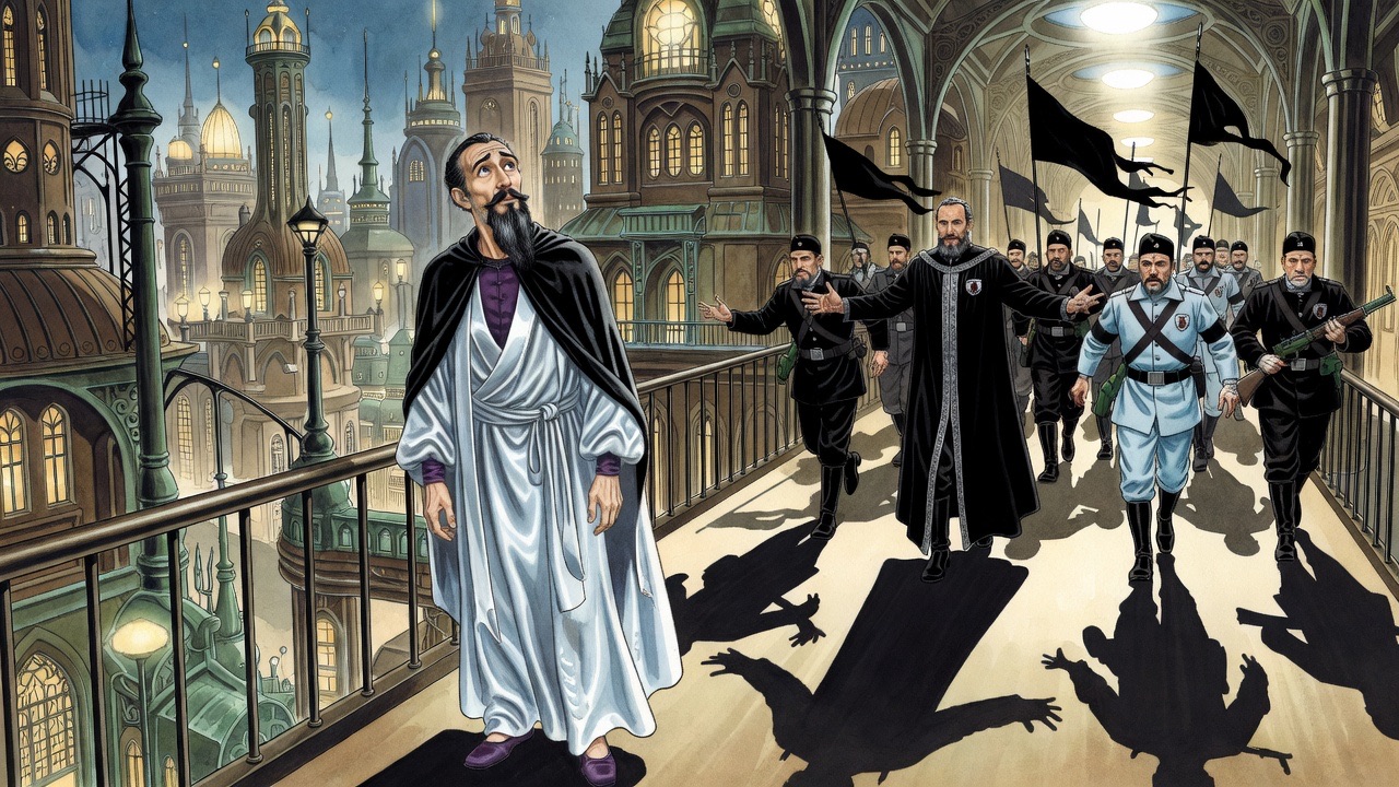 The bearded man stands alone on the gallery while his guards and a sleek man run back toward him gesturing wildly.