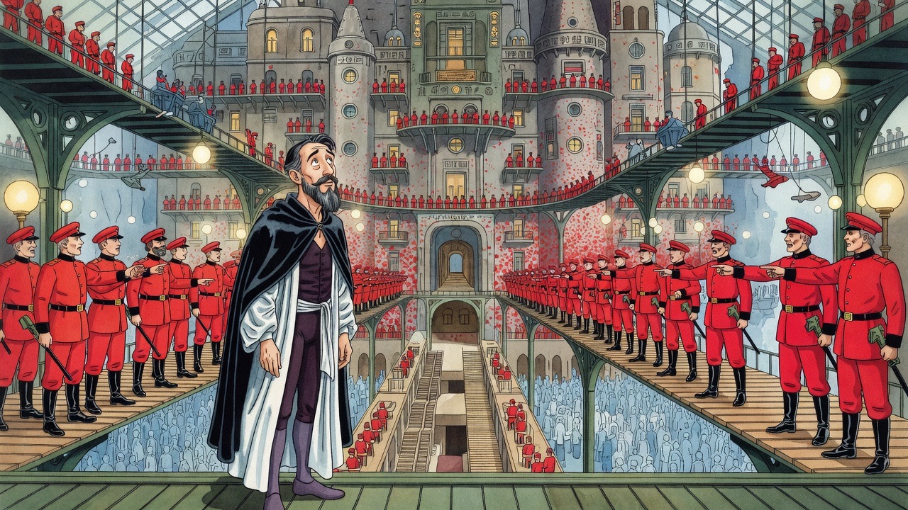The whole dark building opposite is lined with red-uniformed men pointing across at a lone figure.