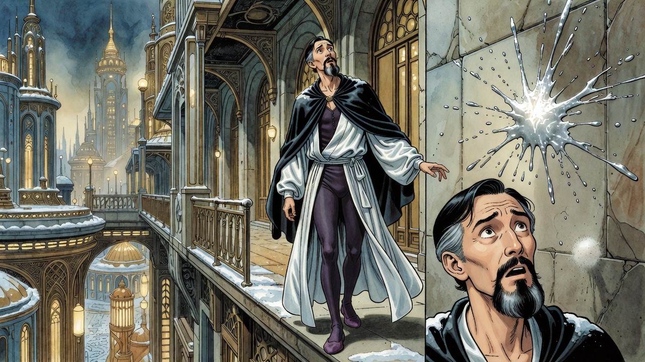 A star-shaped splash of silvery metal bursts on the wall just above the bearded man's head.