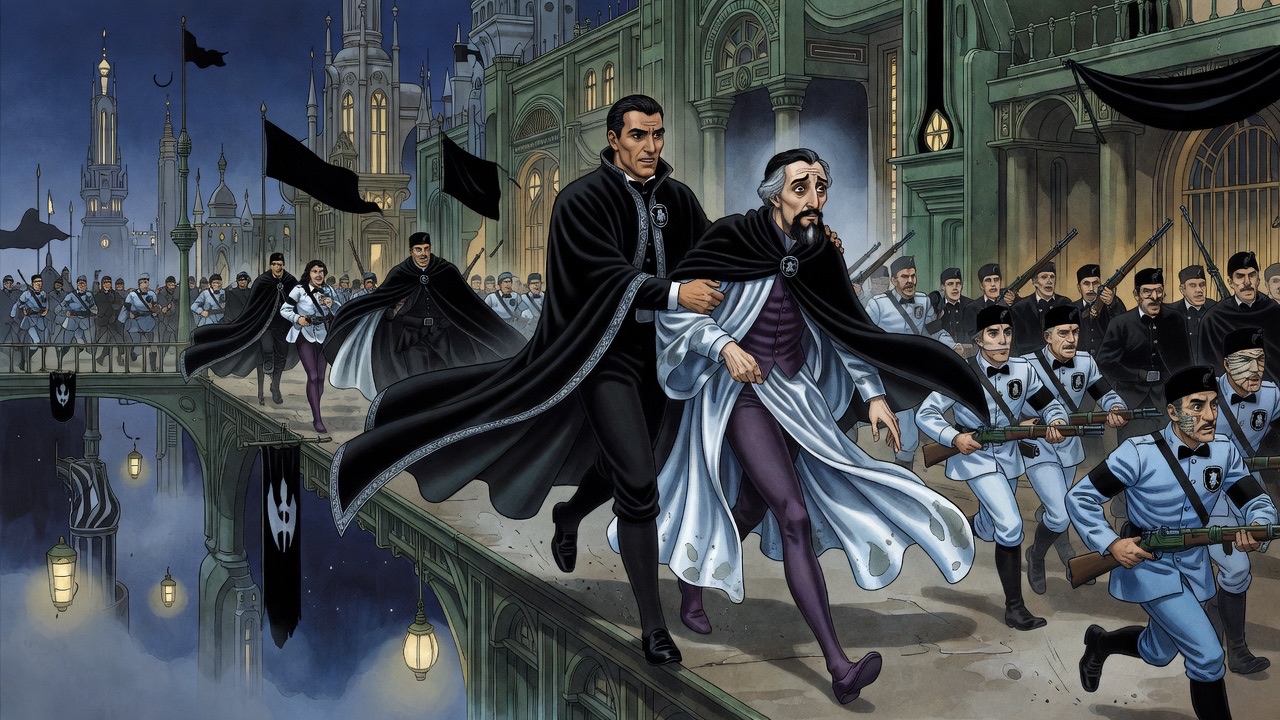 The sleek man drags the bearded man by the arm along the dark gallery at a run.