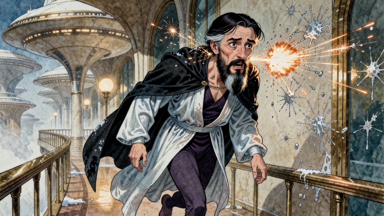 The bearded man flinches as sparks of molten metal sting his ear and bullets whack the wall.