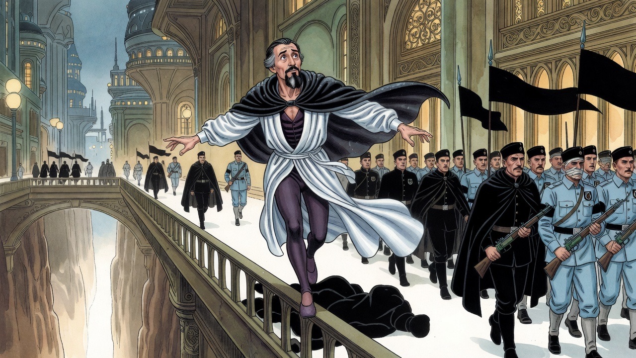 A guard falls on the gallery ahead and the bearded man leaps over him mid-stride.