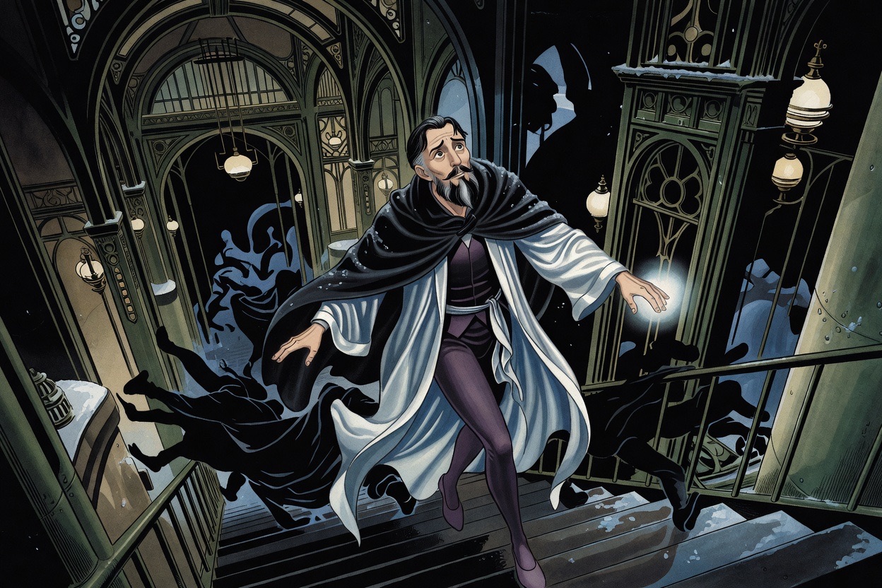 Figures tumble and collide down a staircase in absolute darkness.