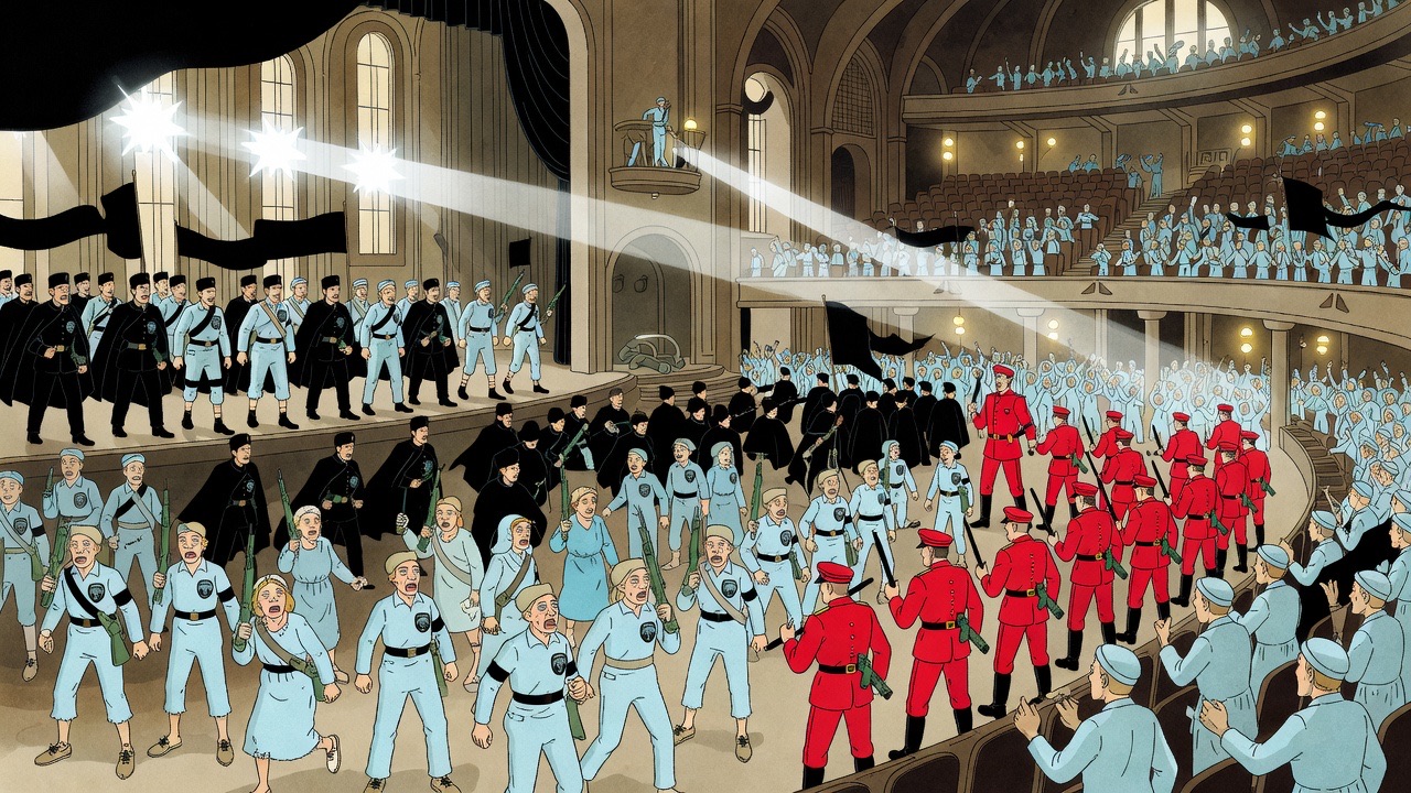Glaring flare-light through tall windows slashes a vast theatre full of fleeing dark figures and red police.