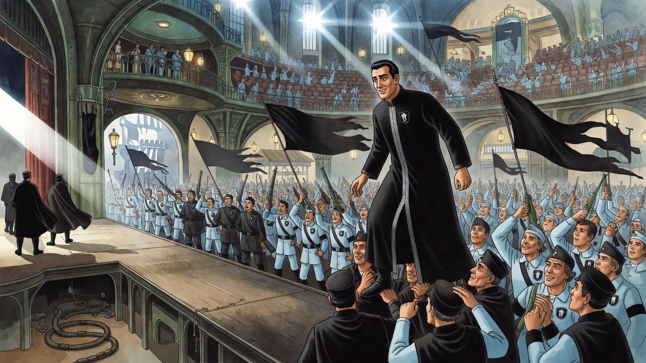 Near the stage, the sleek clean-shaven man is lifted on shoulders by black-badged men, searching the crowd.