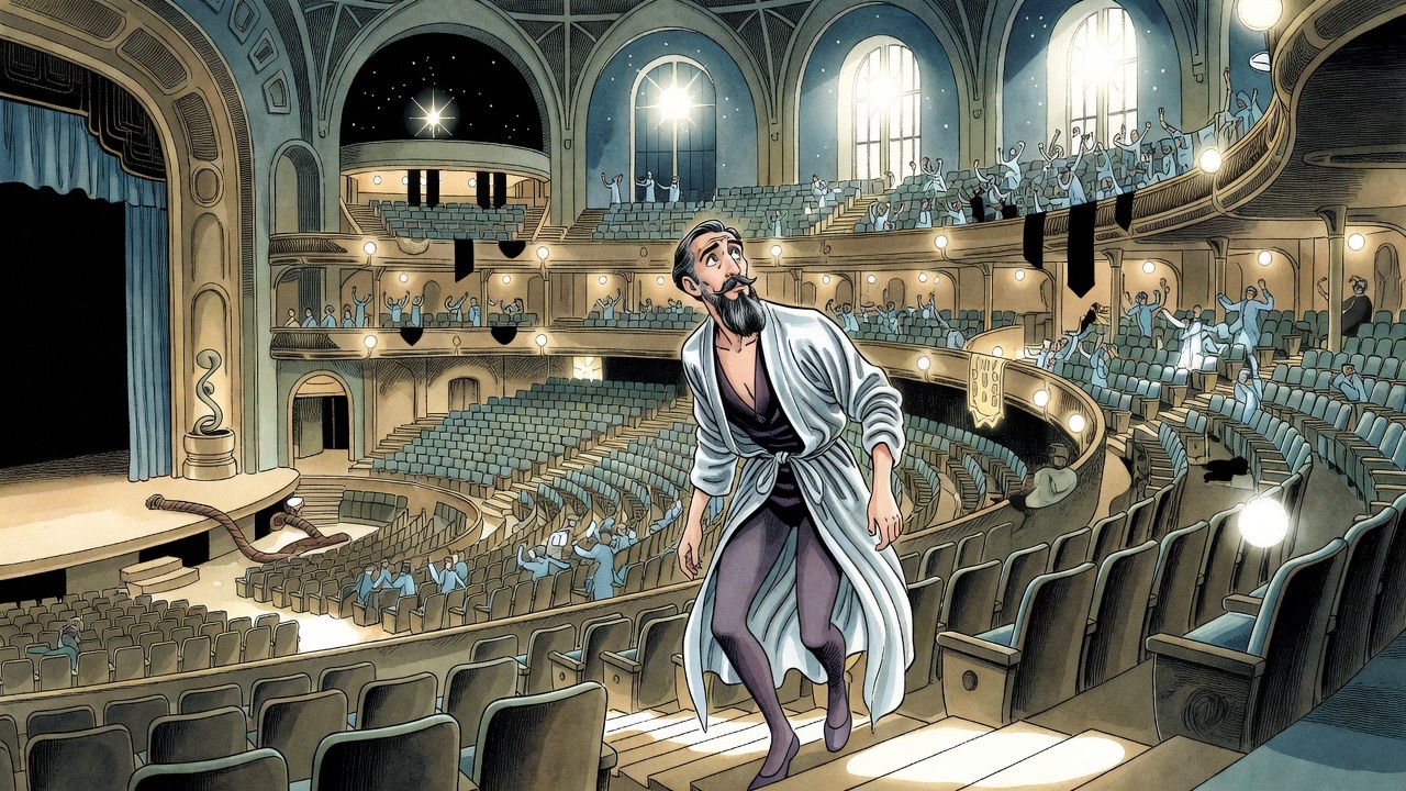 The bearded man sprawls on the steps of empty theatre seats as pools of light flare through high windows.