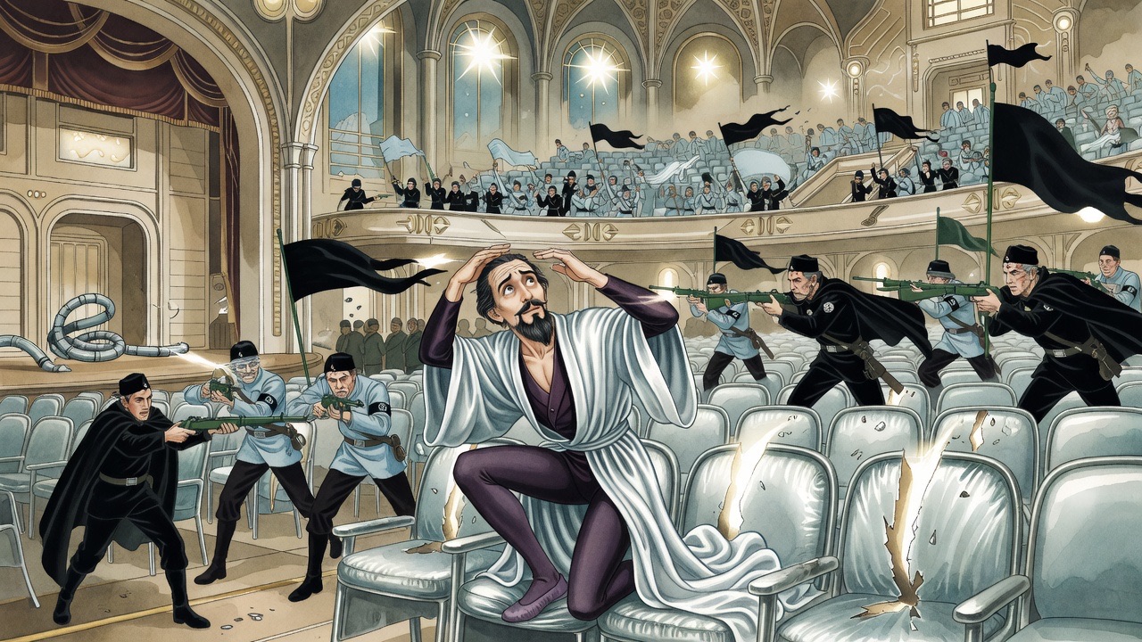 Crouched among theatre seats, the bearded man hides while black-badged fighters leap from seat to seat firing down.