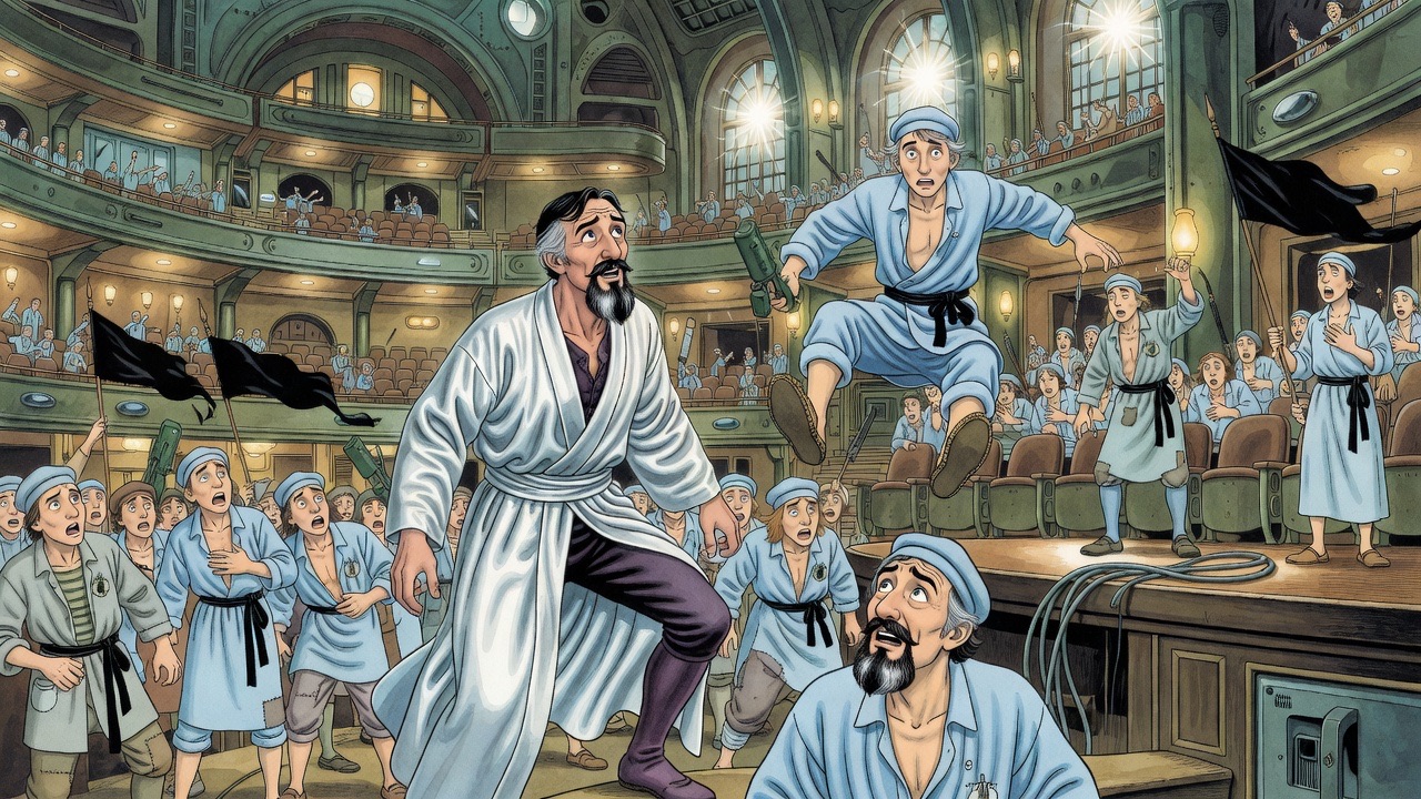 A young man in faded blue vaults over the seats, his feet passing inches from the crouching man's face.