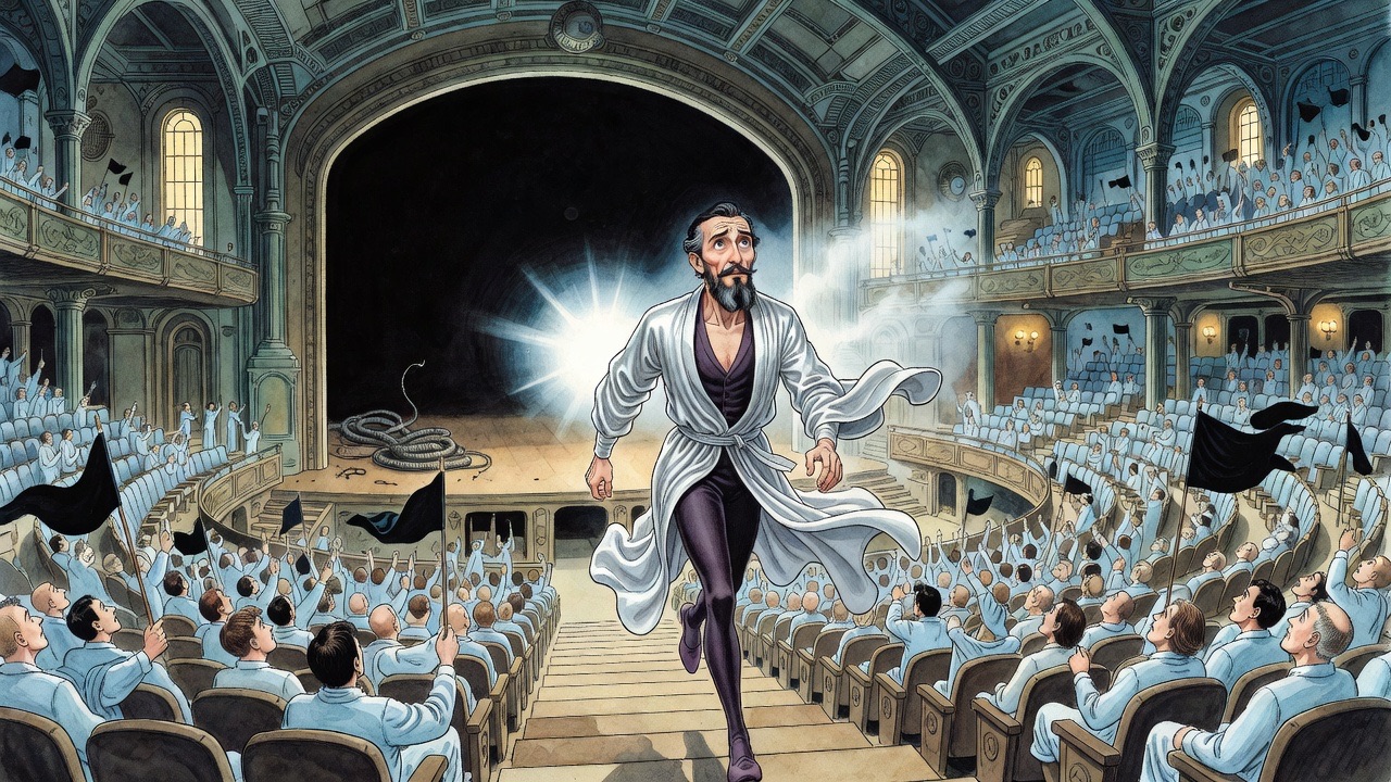 Lit by a sixth flare, the bearded man runs up a gangway toward the yawning mouth of a dark passage.
