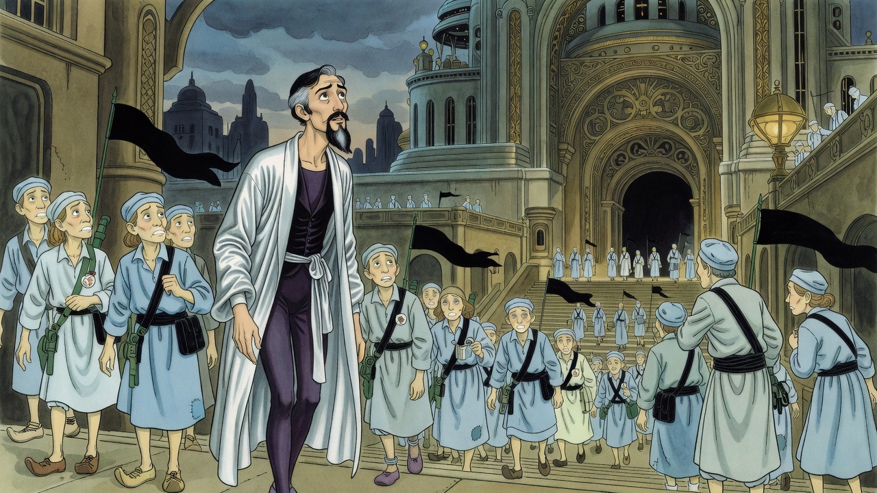 A dim crowd of fleeing men, women and children pours down a long flight of steps.