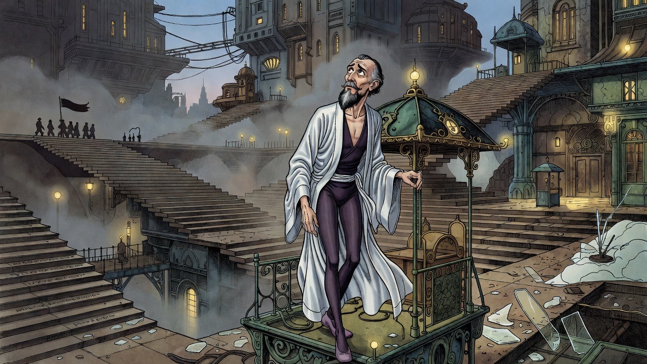 The bearded man stops, panting, in the shadow of a small kiosk atop motionless stepped platforms.