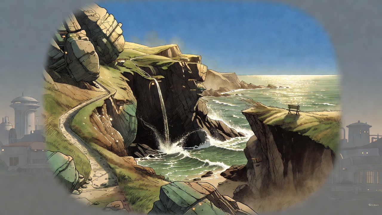 A memory: a thin waterfall trembles down a sunlit Cornish sea-cliff.