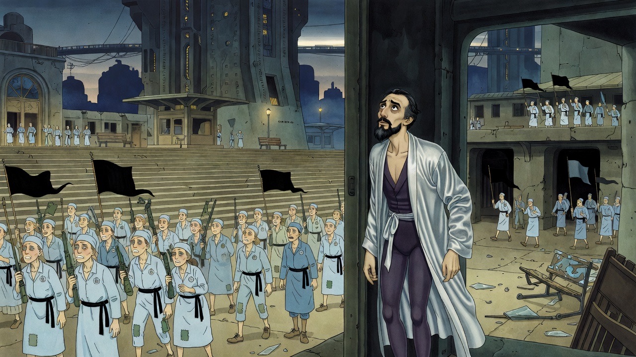 The bearded man shrinks into a doorway as a marching multitude of armed men sweeps along the dim street.