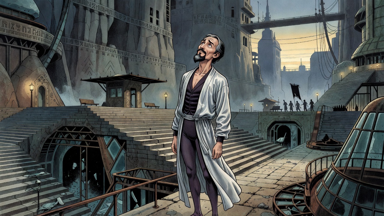 The bearded man peers up at towering cliff-like buildings carved with strange unreadable lettering.