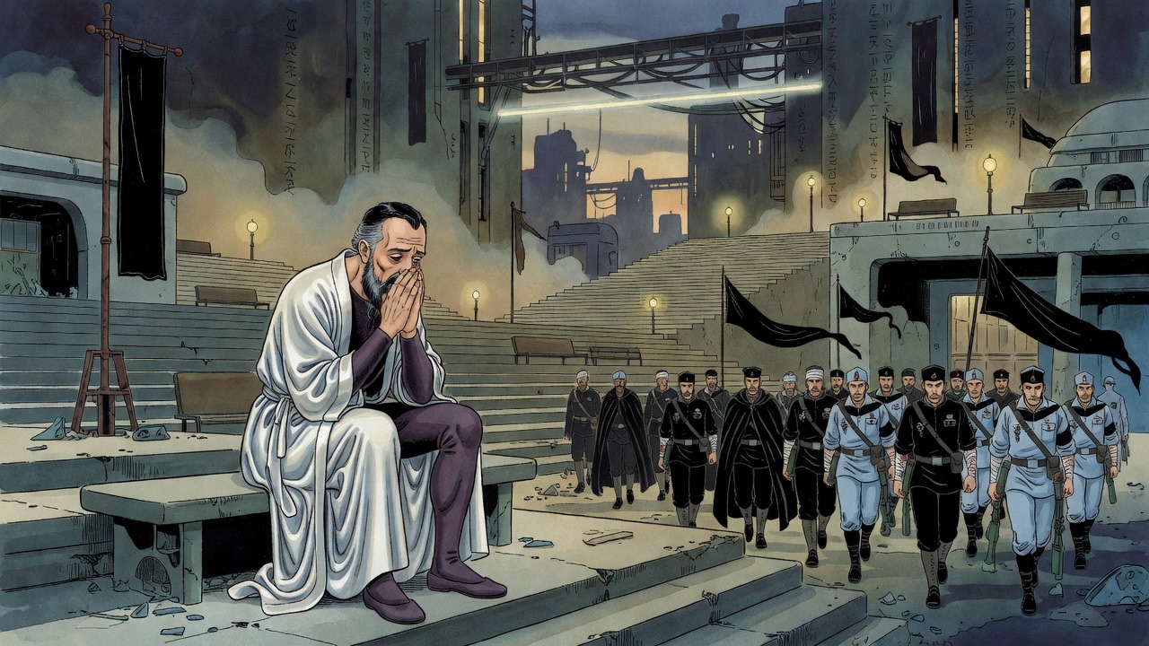 The bearded man sits in a recess with his face bowed into his hands as a squad with a black banner tramps past.