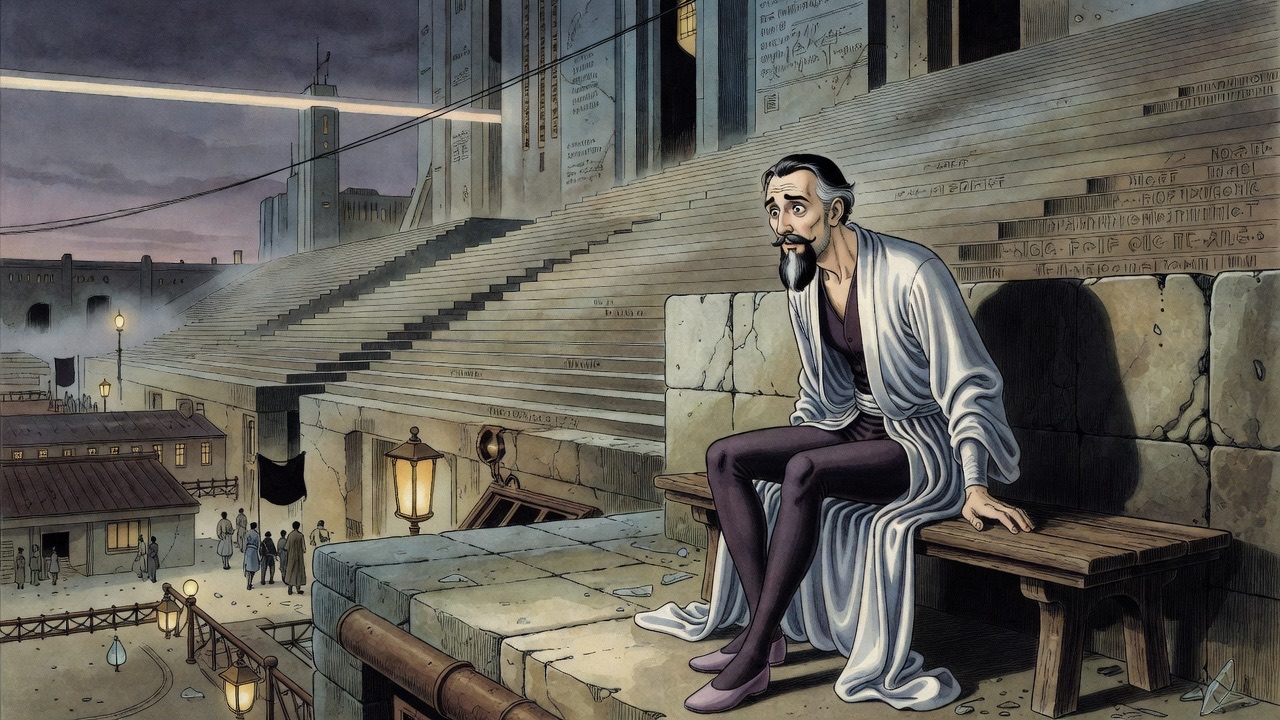 The bearded man on a shadowy bench turns sharply, startled by a sound close beside him.