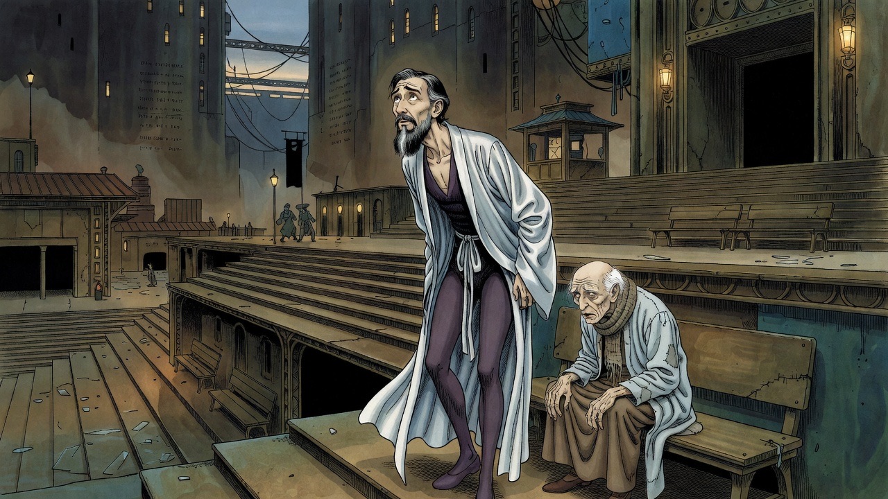 Over the man's shoulder, a small hunched figure sits in deep shadow a couple of yards away.