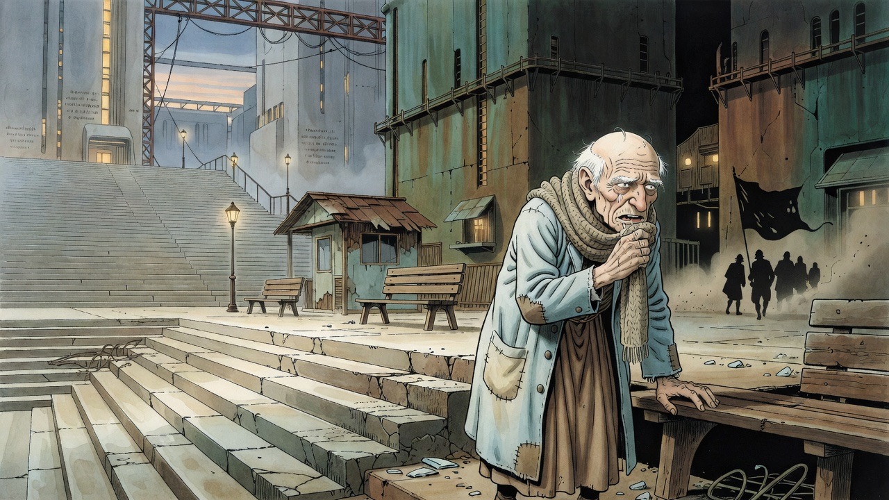 Close on a very old man's dim wrinkled face and muffler, wheezing in the dark.