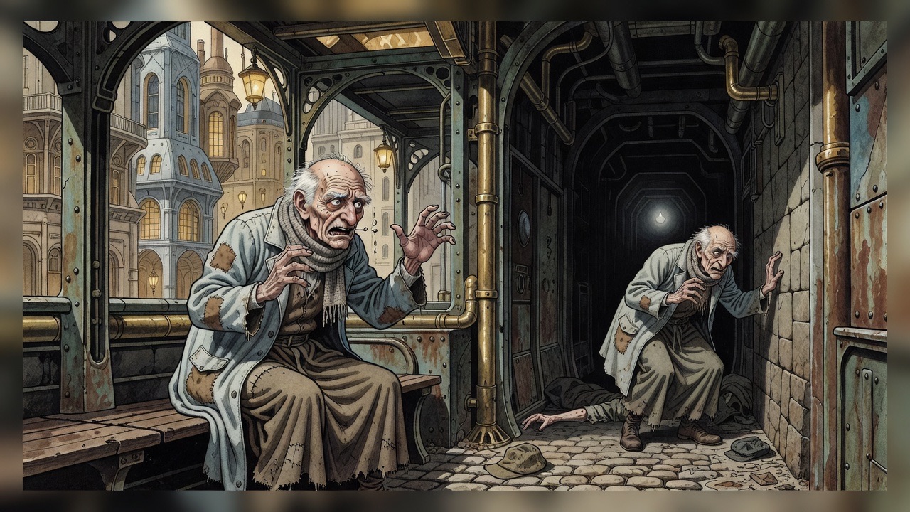 A remembered moment: a tiny old man stumbles in a black passage over a fallen shape.