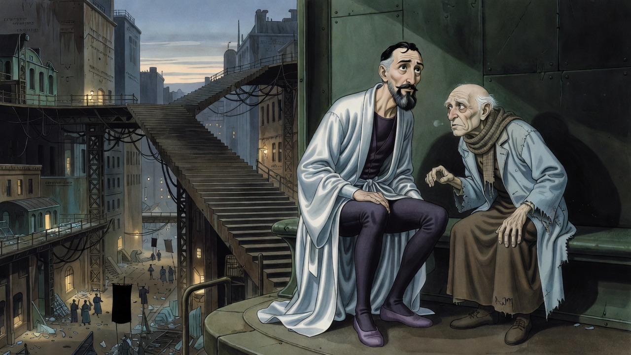 The old man leans close, peering frankly into the bearded man's face.