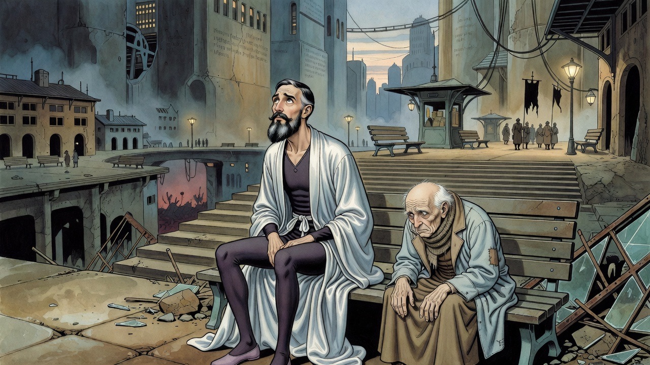 The old man sits beside the bearded man, staring into the darkness, thinking of his sons.