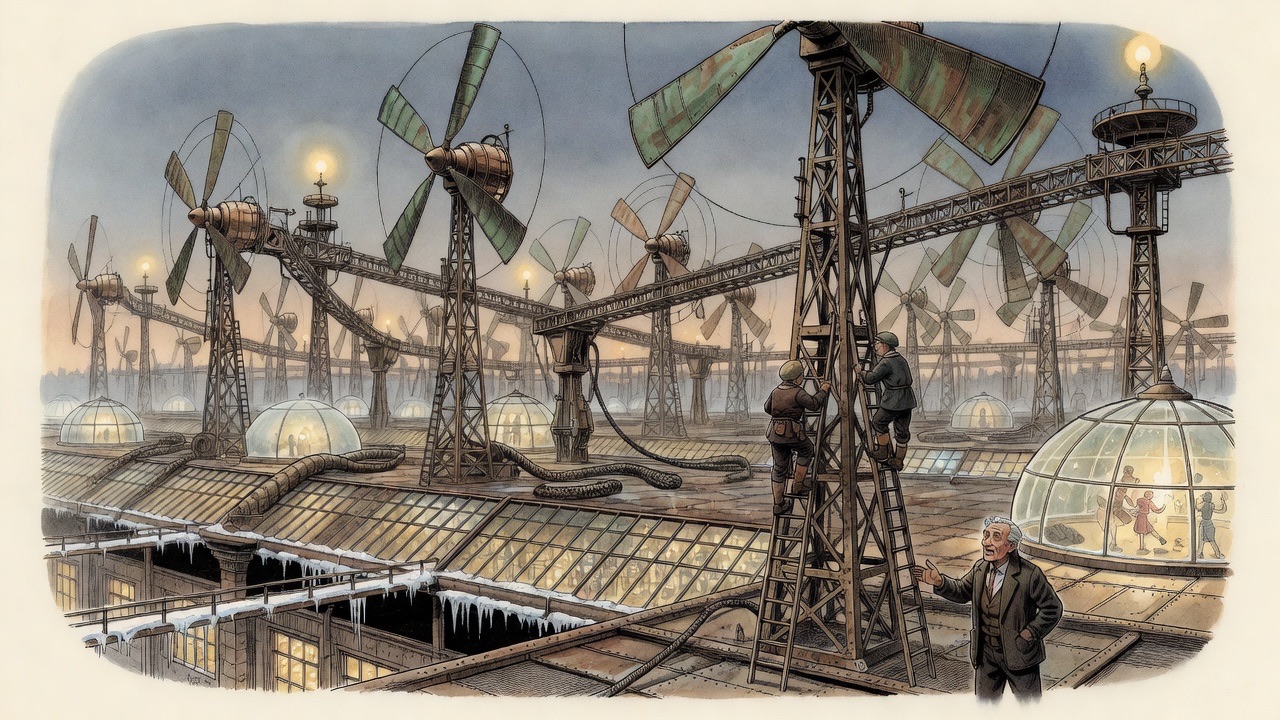 An imagined vista of three workmen tiny among gigantic wind-wheels on the city's roof.