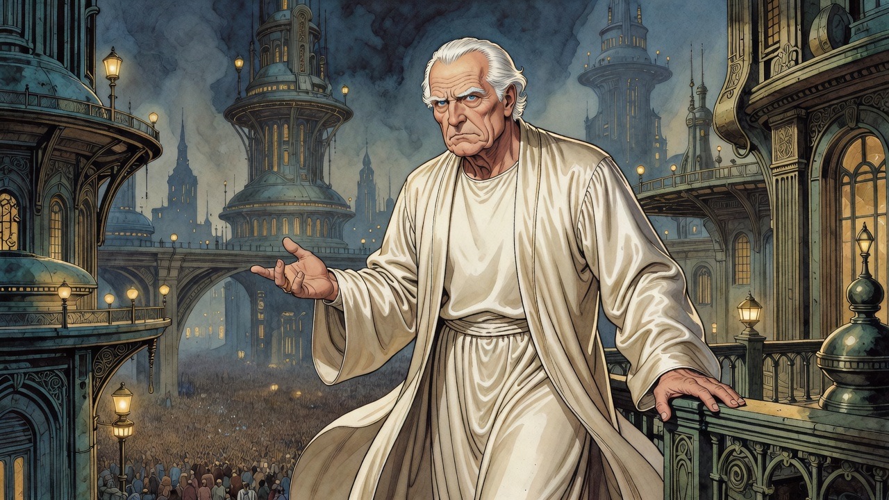 An imagined vision of a massive white-haired man standing commandingly above the city.
