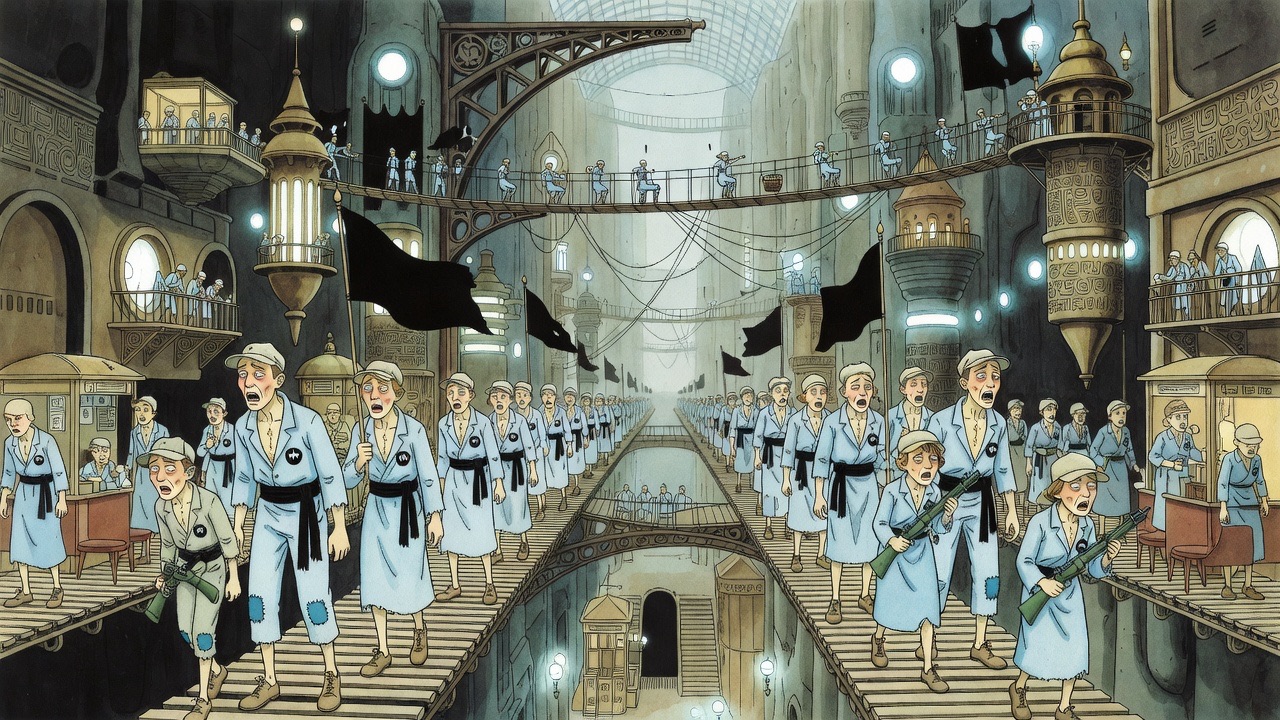 An imagined column of pale, underfed workers in blue canvas marching with carbines and black banners.