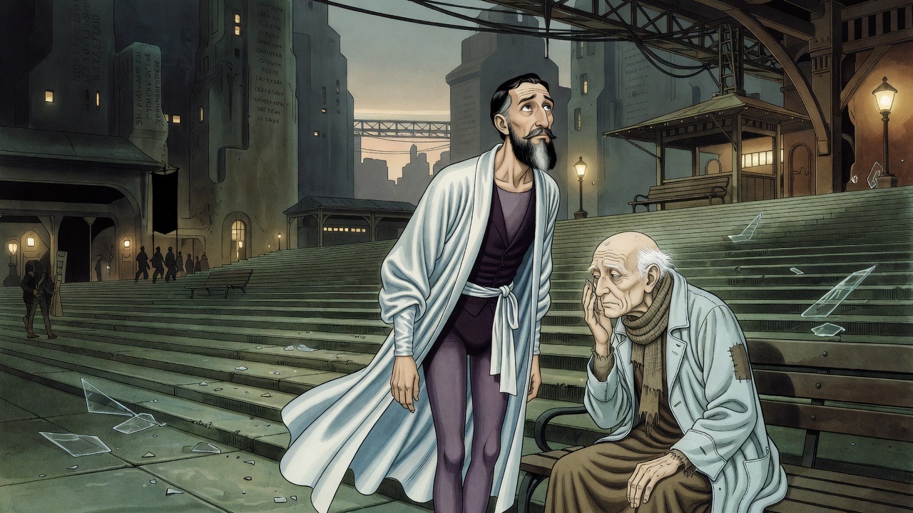 The old man leans in to whisper into the bearded man's ear.