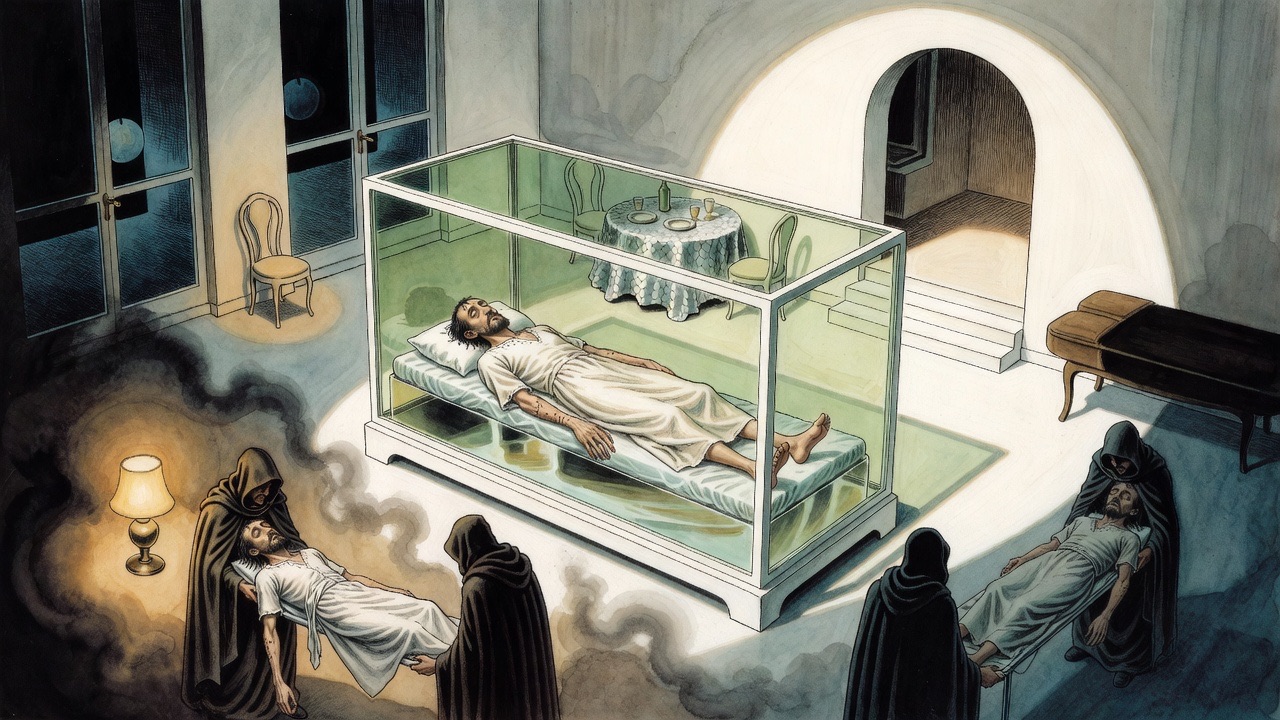An imagined scene: shadowy figures at night exchange a limp sleeper in a glass case.