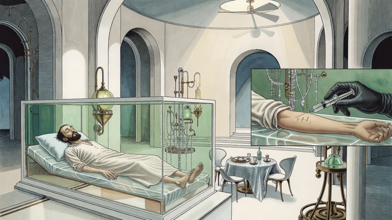 Insert of a gloved hand injecting a stimulant into a sleeper's lax arm.