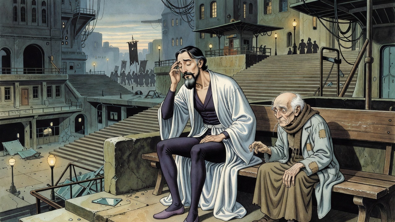 The bearded man presses his fingers to his temple, searching his memory, while the old man spits aside.