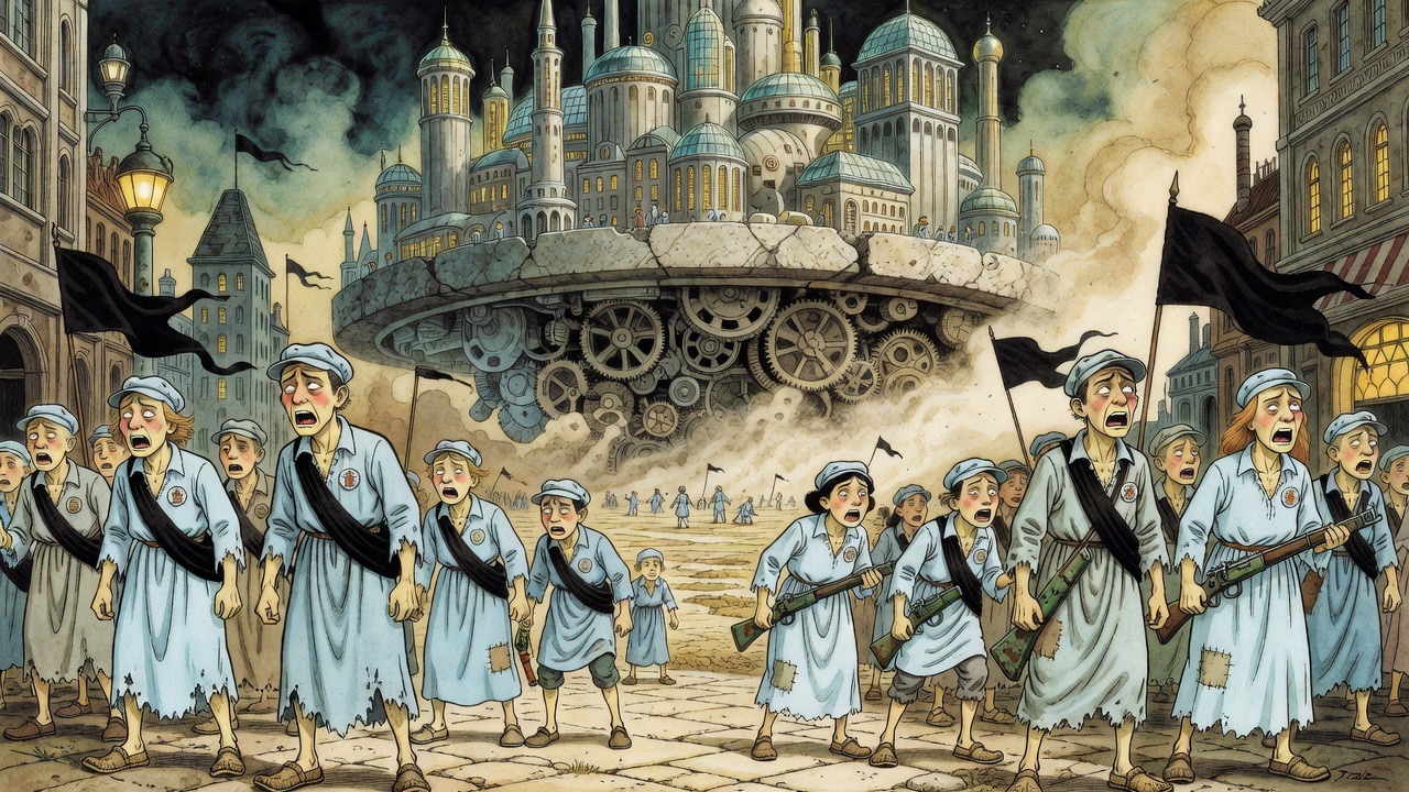 An allegorical vision of the whole city as a colossal millstone grinding tiny people to dust.