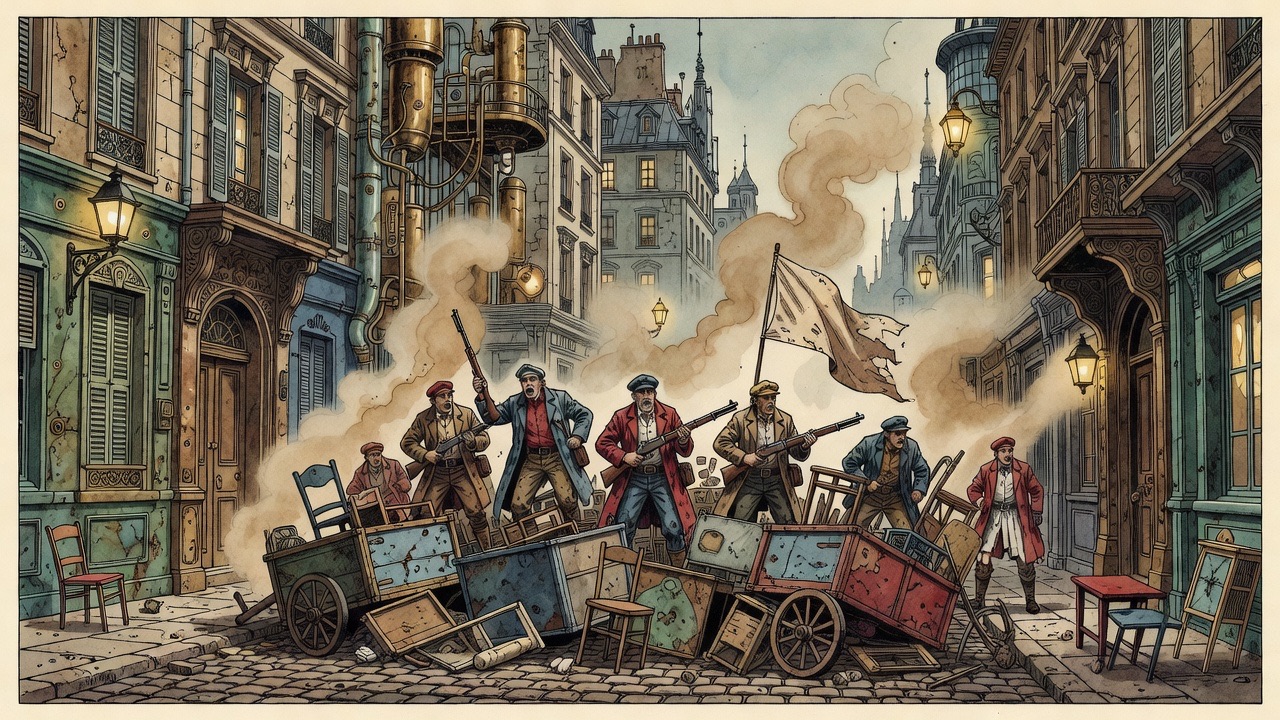 An imagined glimpse of a long-ago revolution: barricades in old Paris streets and flags in smoke.