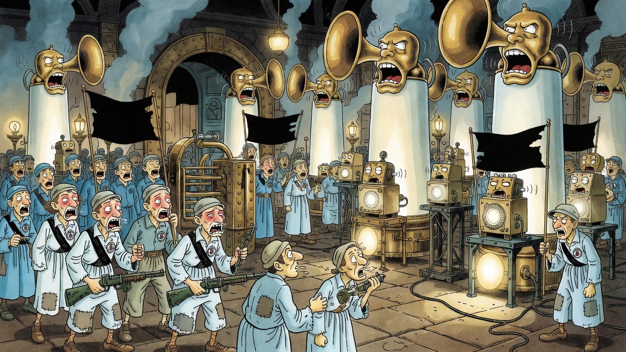 An imagined hall of huge horn-mouthed brass machines braying at shabby listeners.