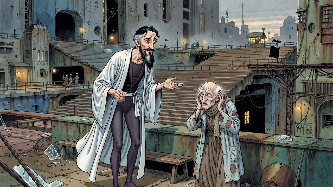 The bearded man shrugs modestly while the old man cocks his head, listening.
