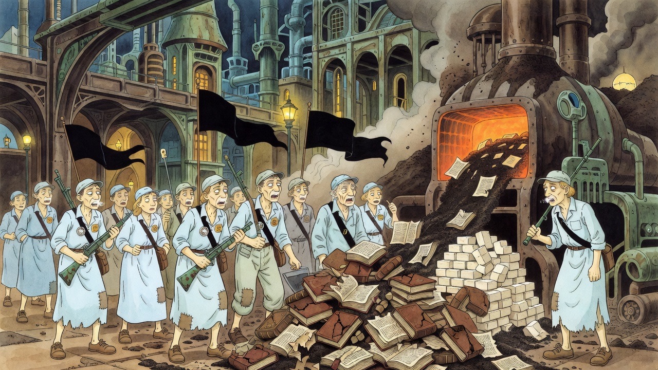 An imagined scene of workers shovelling heaps of crumbling old books into a furnace.