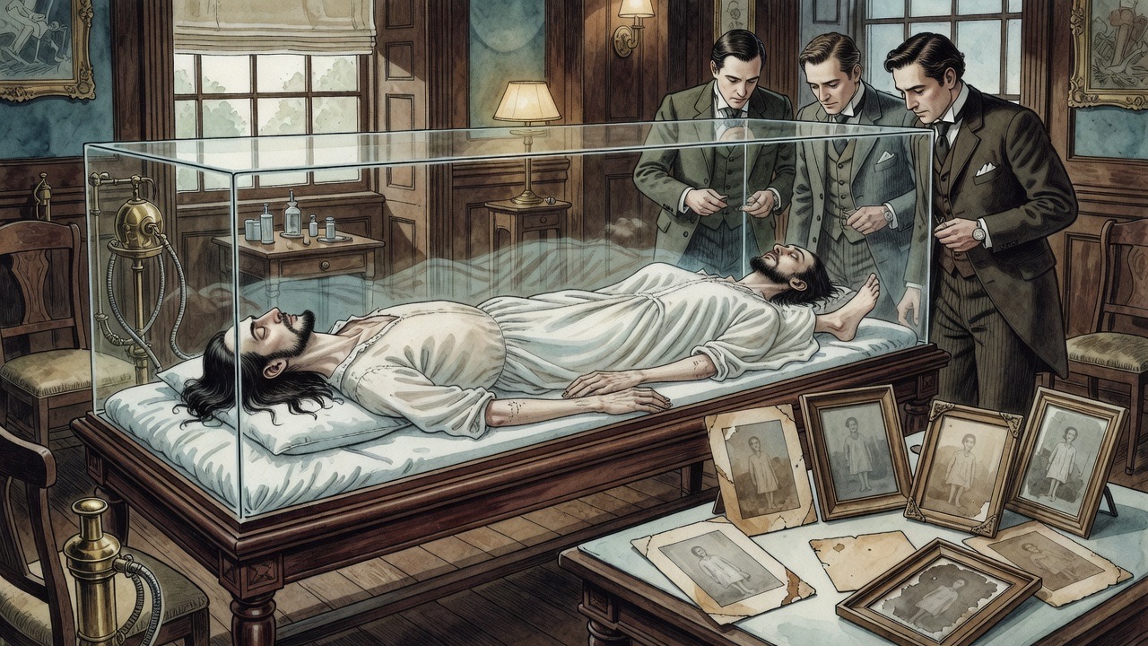 Insert of old brown silvery photographs showing a man lying still in a glass case.