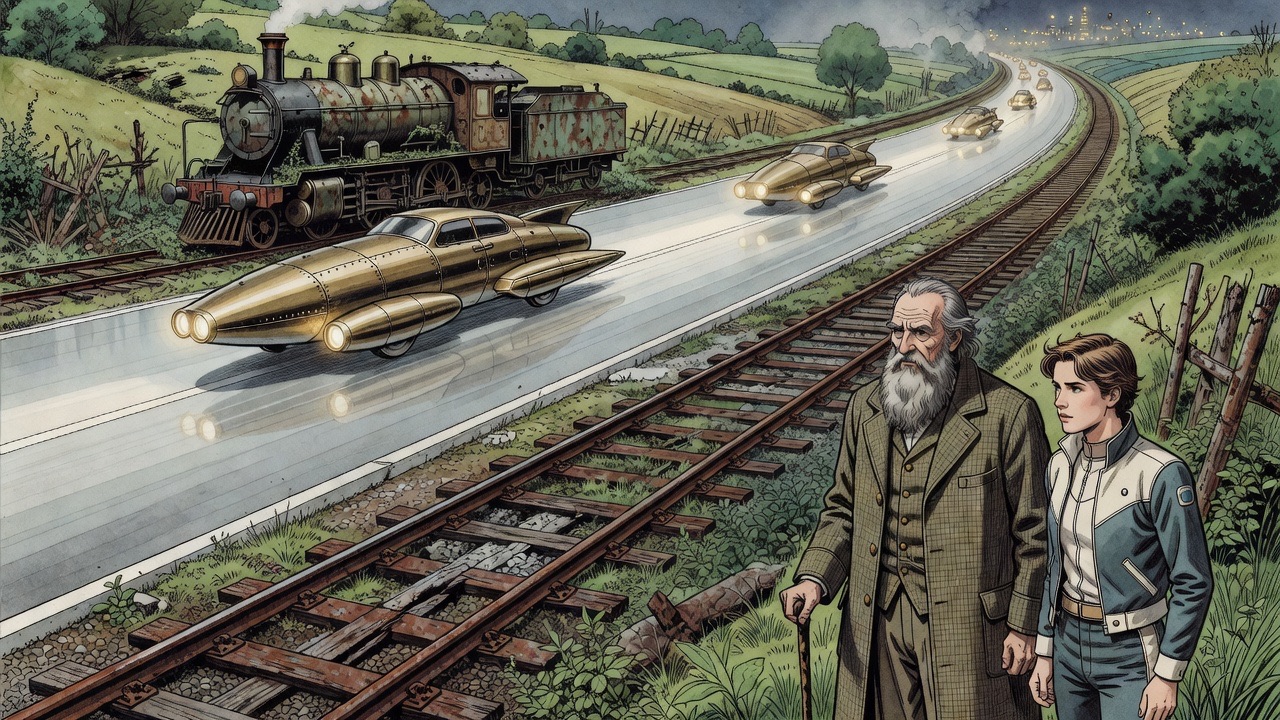 An imagined scene: sleek glassy roads sweep past abandoned rusting railway lines and locomotives.