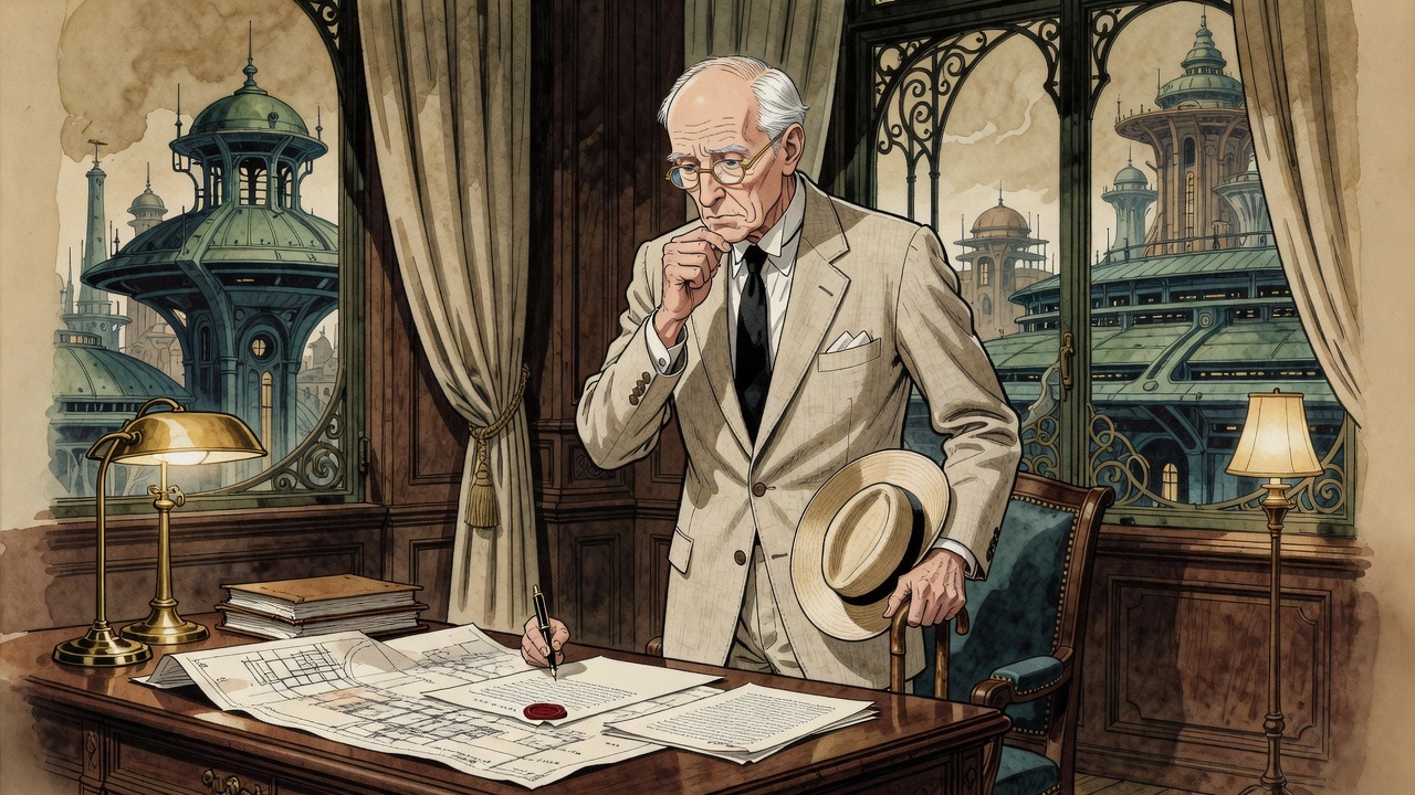 An imagined portrait of a prim elderly solicitor in a pale suit, sealing a great document.