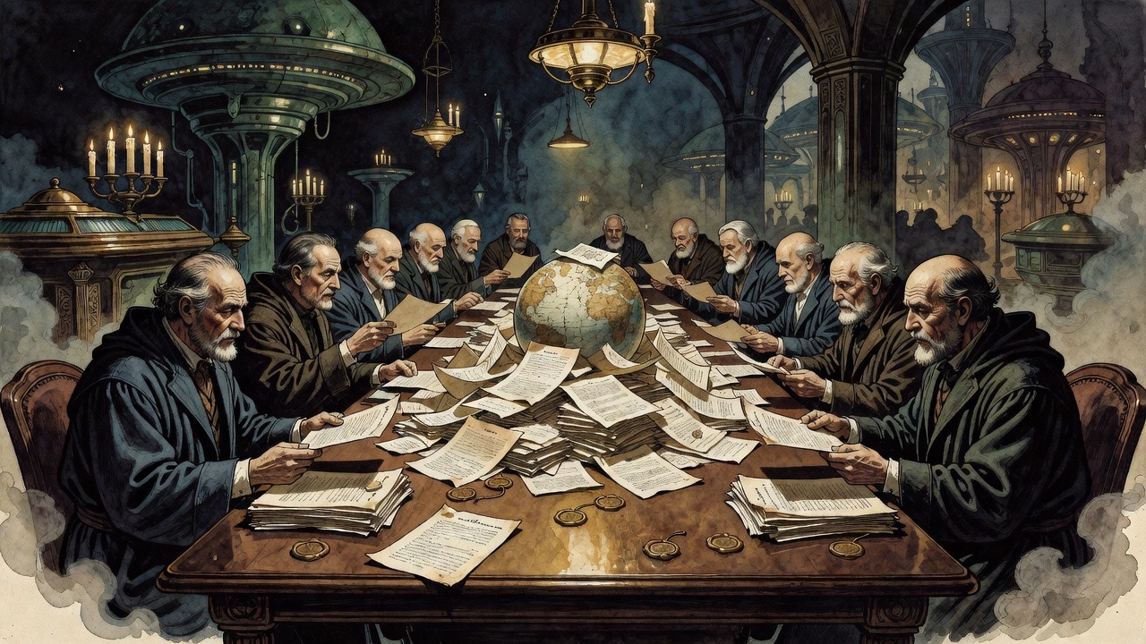 An imagined scene of twelve robed trustees around a long table, covering a globe with deeds.
