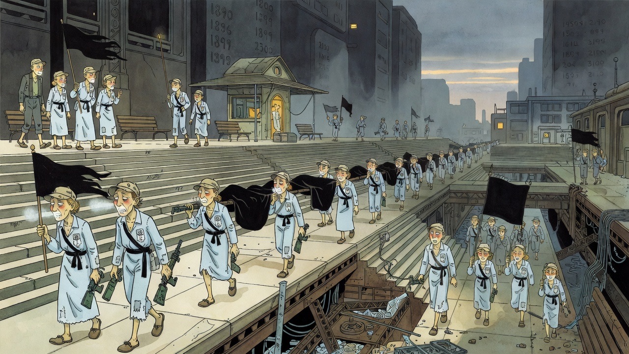 In dim twilight, blue-clad bearers carry covered stretchers along the ways.
