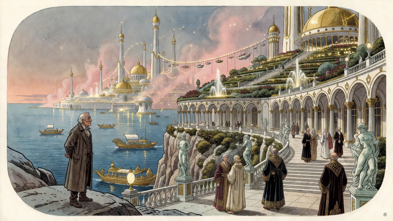 An imagined vision of a glittering Pleasure City of white towers and golden domes on a bay.