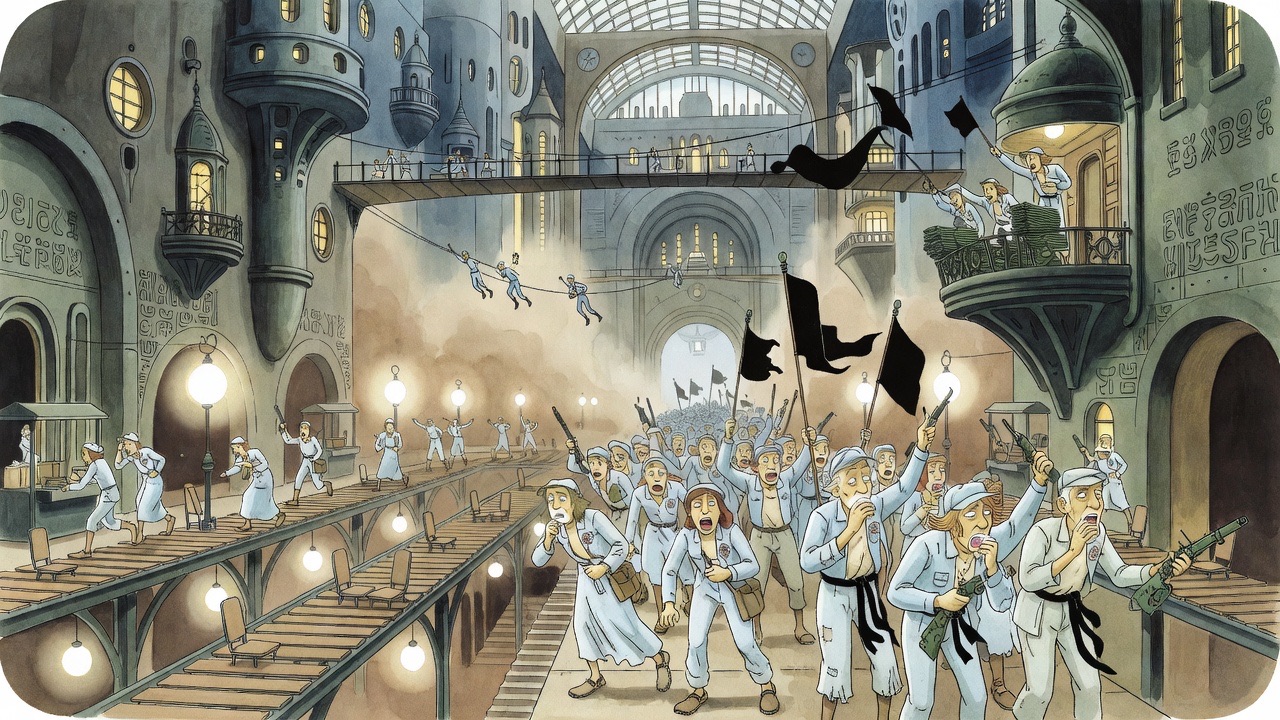 An imagined scene of excited crowds rushing through lit ways toward the great hall, snatching weapons.