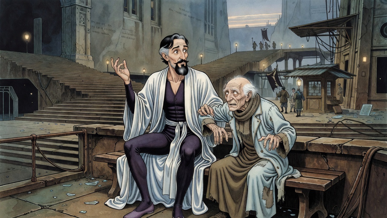 The old man nudges the bearded man hard in the ribs, cackling suspiciously.