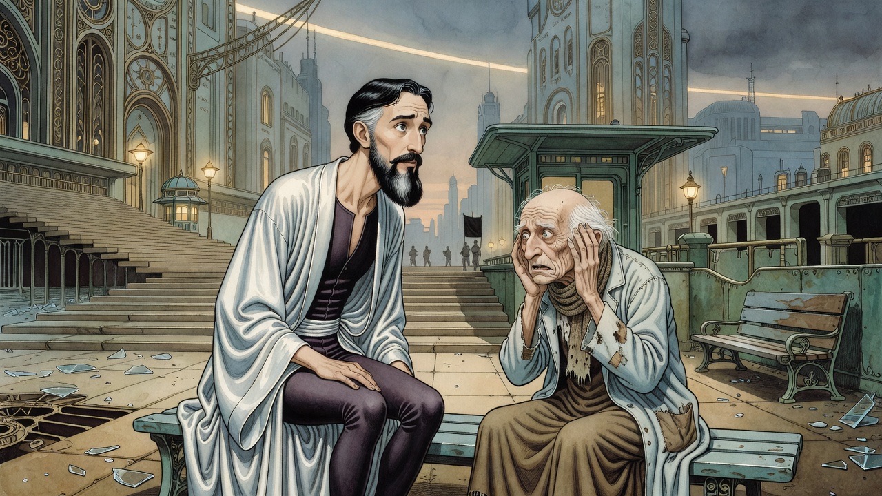 In close profile, the bearded man quietly makes his claim while the old man's face goes blank.
